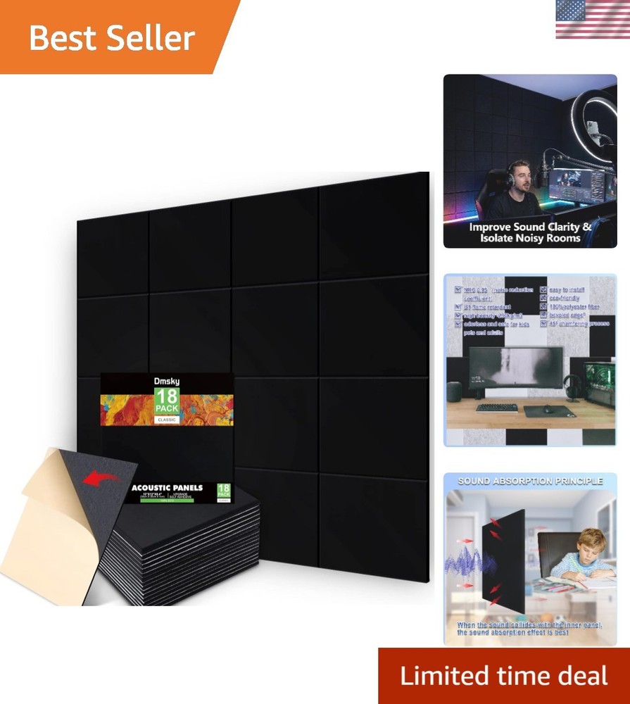 18 Pack Black Acoustic Panels 12″X12″X 0.4″Sound Absorbing Panel Wall Decorat…