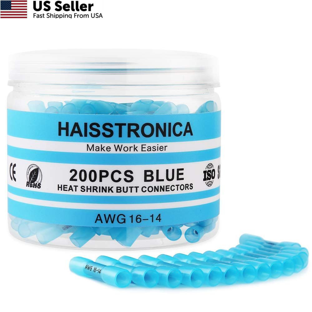 Haisstronica 200PCS 16-14 Awg Blue Heat Shrink Butt Medium,