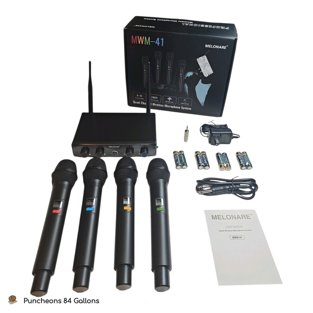 MELONARE 4-Channel Wireless Microphone System with 200ft UHF Range MWM-41-4H