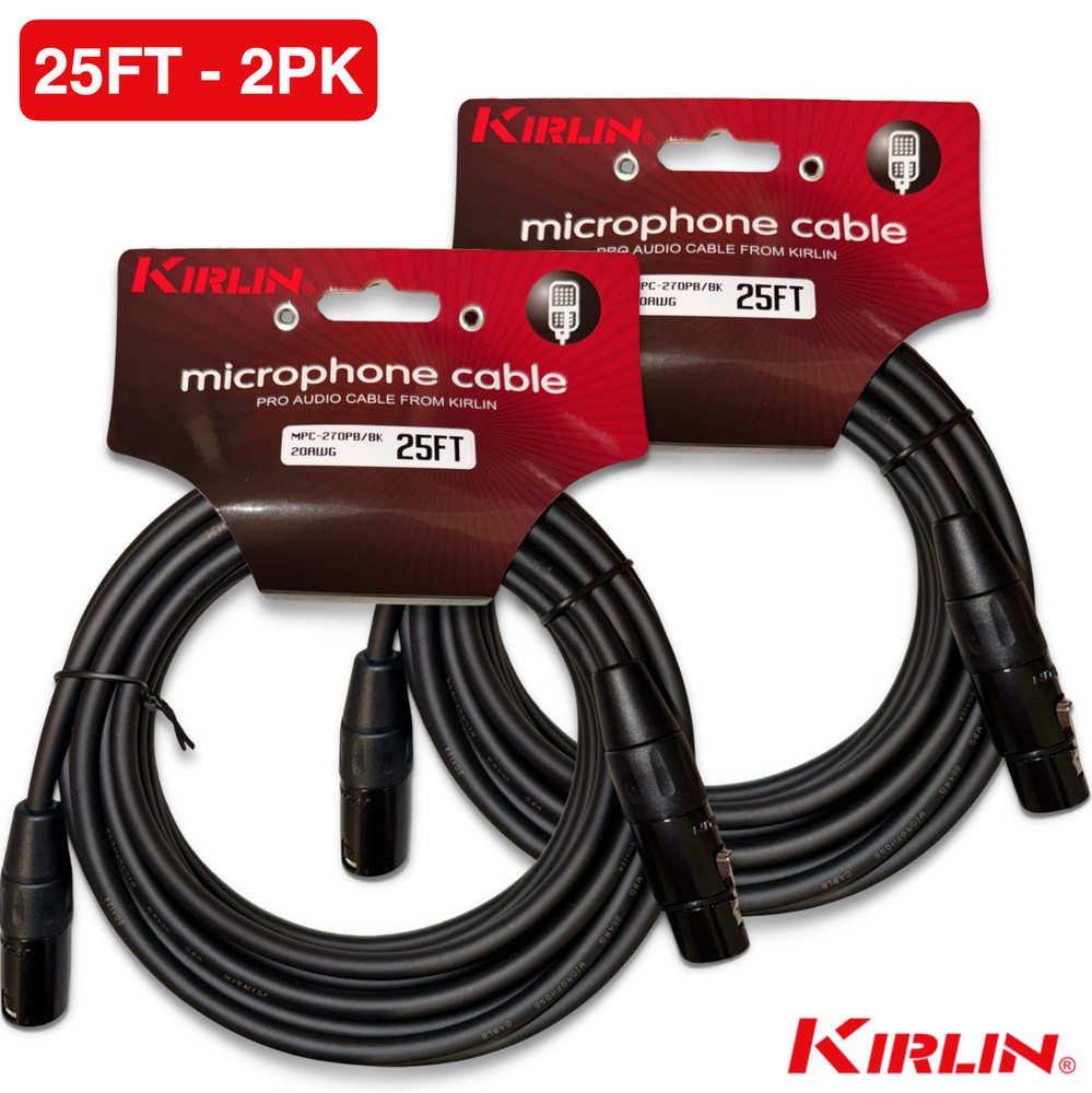 2-PACK Kirlin【25ft】XLR Male to XLR Female 20AWG Microphone Cable – 25 Foot Black