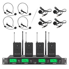 Wireless Microphone System Pro UHF 4 Channel 4 Lavalier Bodypacks 4 Lapel Mic…