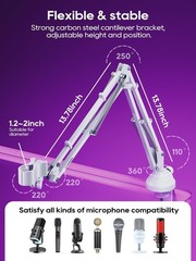 White Foldable Boom Arm Microphone Stand Desk Mount with 3/8″ 5/8″ Screw