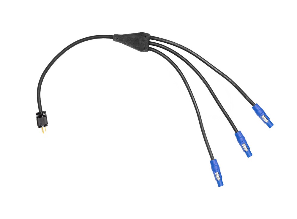 Power Cable 1 Edison Male to Fanout 3 PowerCon Blue A Connectors 12 AWG – 30ft