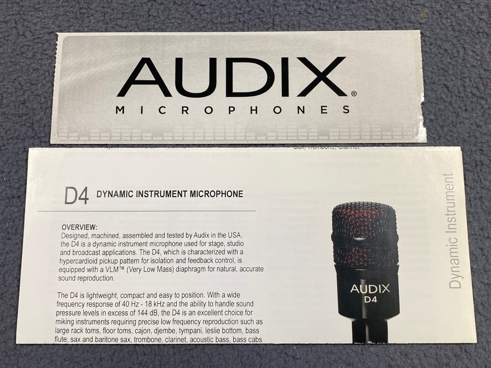 Audix D4 Dynamic Microphone Spec Sheet w/ Sticker
