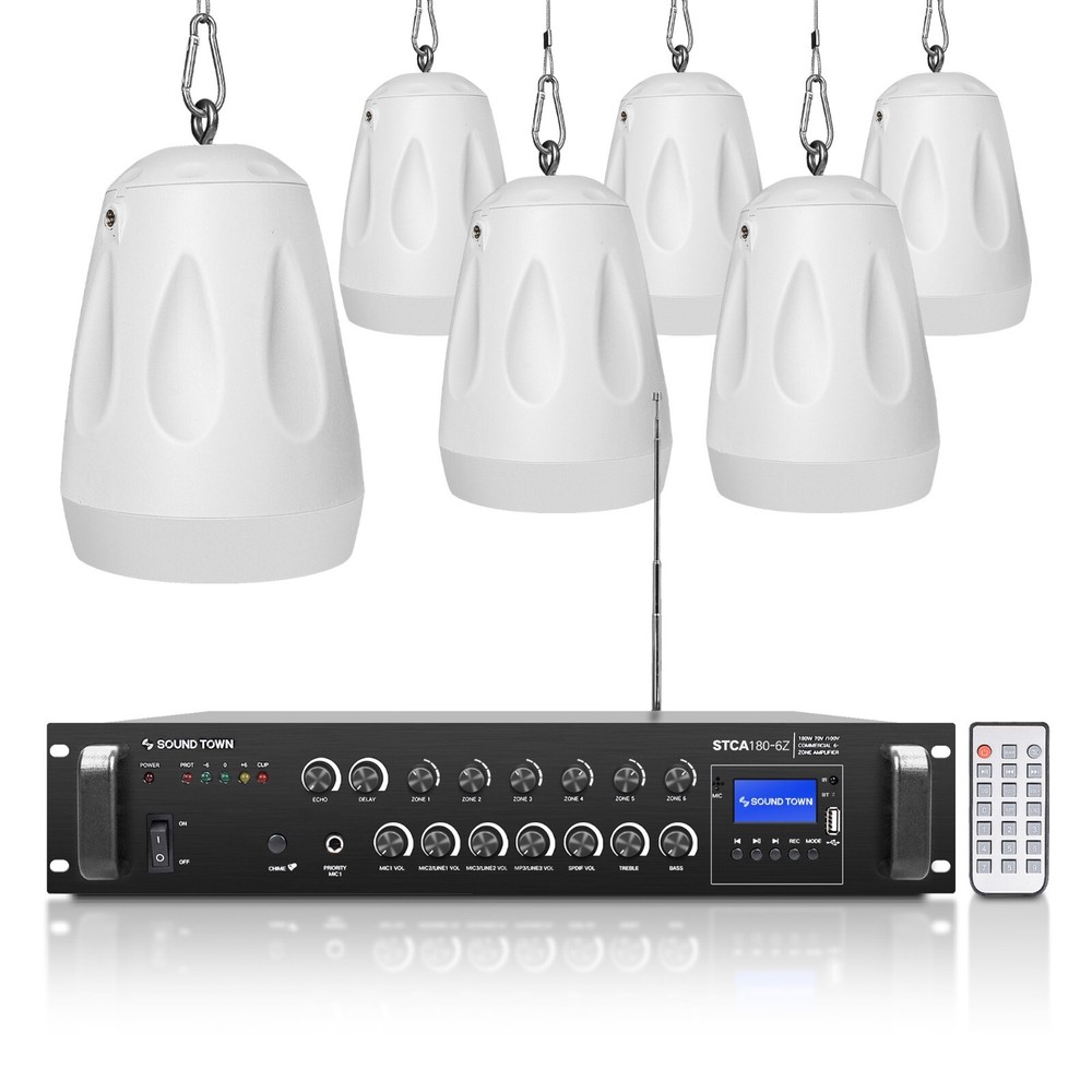 Sound Town 6-Zone 70V/100V Amp, 6 x Pendant Speakers, White (STCA180X6PD4W)