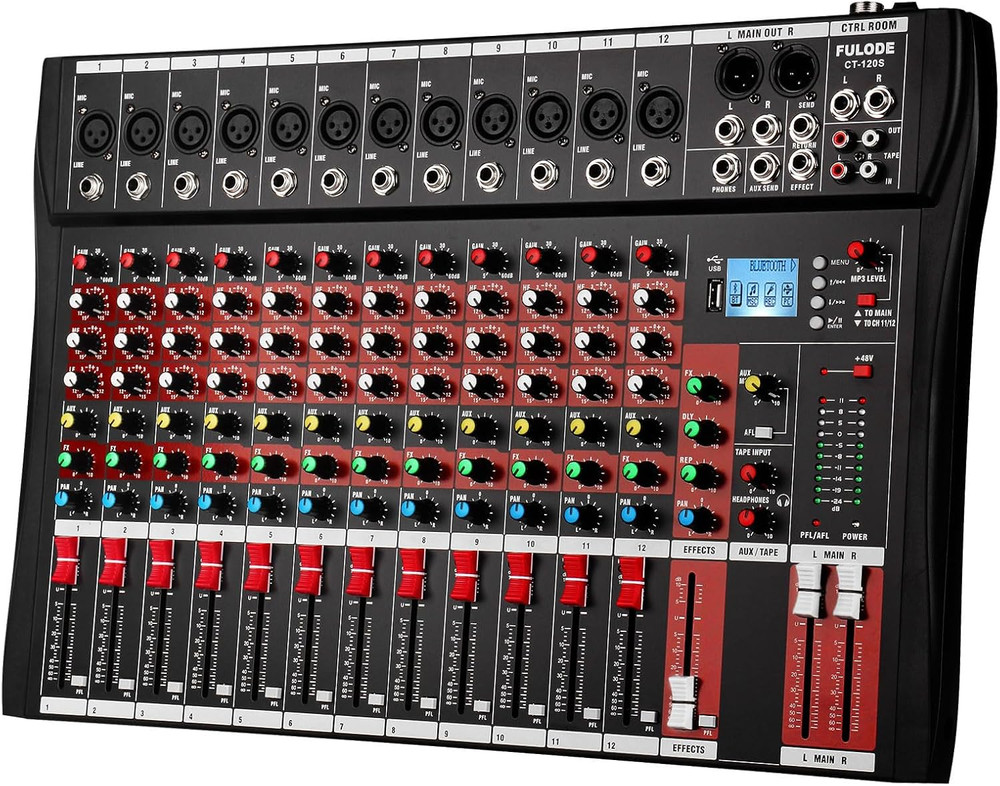 12-Channel Professional Audio Mixer with Bluetooth and USB Recording
