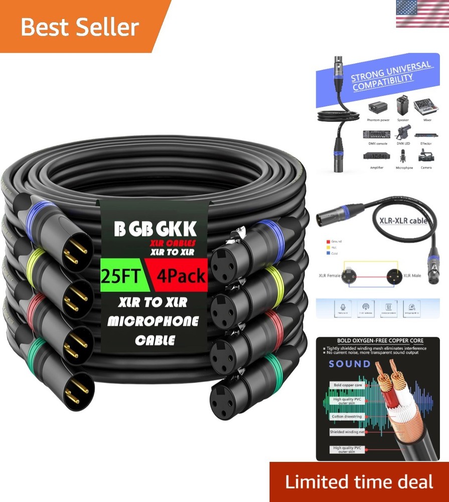 XLR Cables 25ft 4 Pack, Professional XLR Microphone Cable Male to Female, Gol…