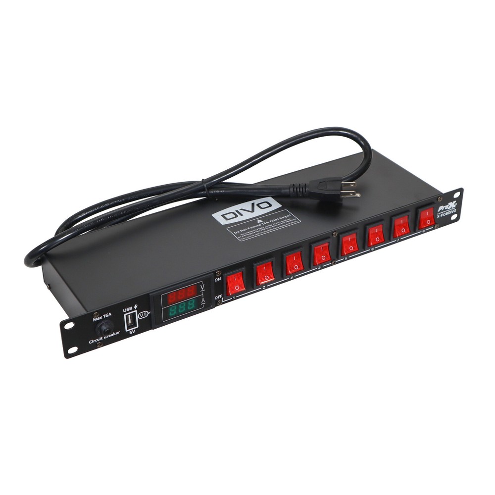 Rack Mount LED Power Distributor 8 Outlets/switches Off/On & USB Charging port