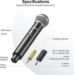 Aokeo Wireless Microphone for Mic Input, UHF Metal Dynamic Handheld Multipurpose