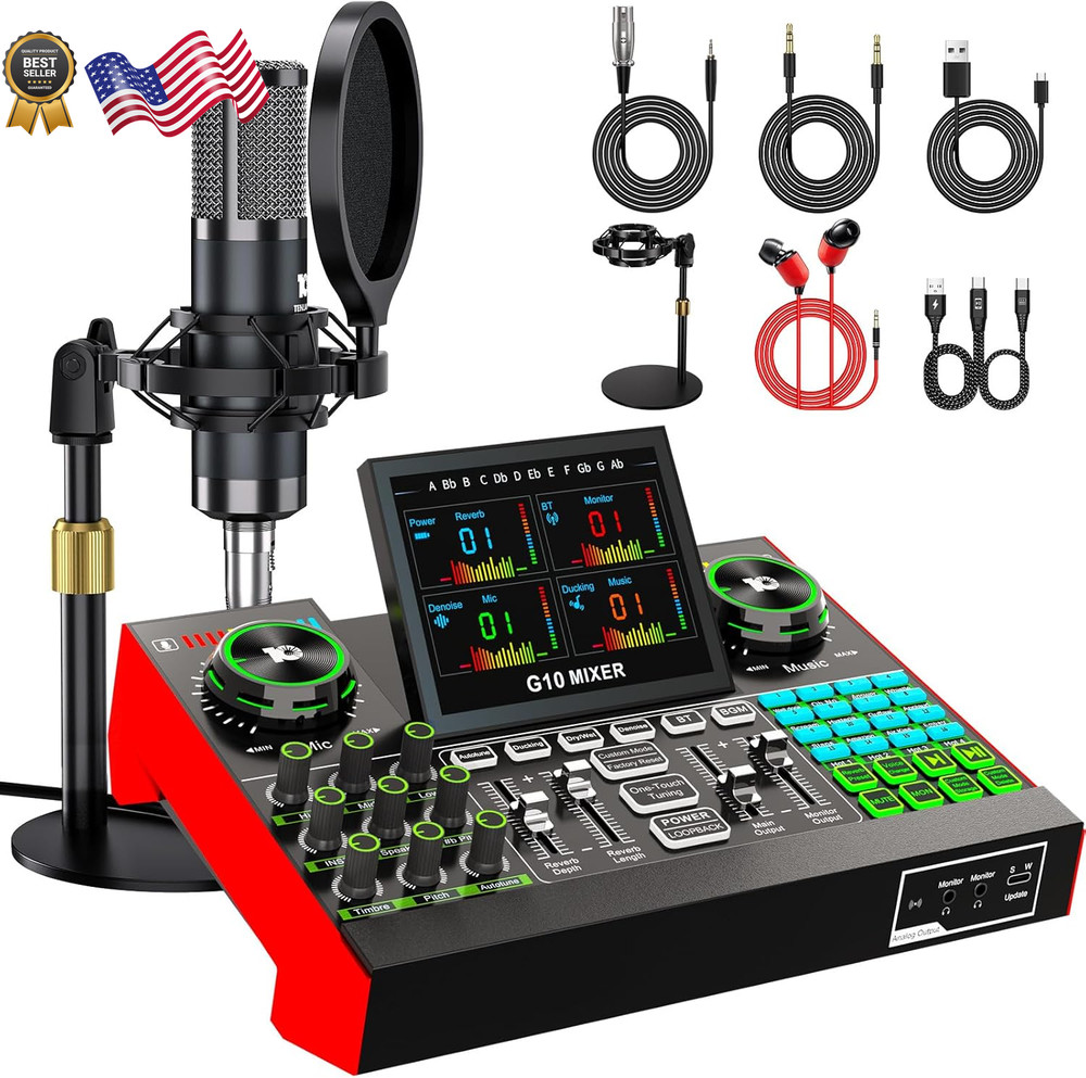 Podcast Microphone Bundle with Live Sound Board Audio Mixer Podcast Equipment B