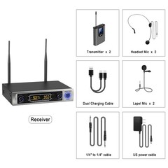 HOTEC UHF Wireless Microphone System with Dual Lapel/Lavalier and Headset Mic…